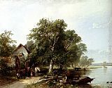 Henry John Boddington River Landscape With Figures Loading A Boat painting